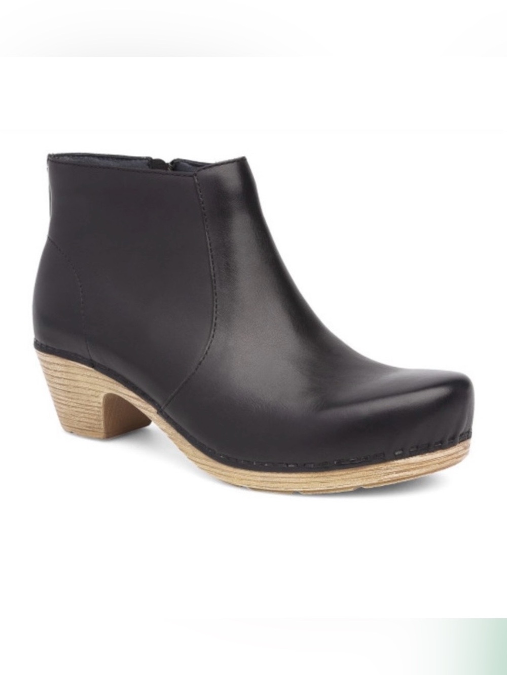 DANSKO Marie Black and Leather Ankle Boot with Wood-Effect Heel Size 40